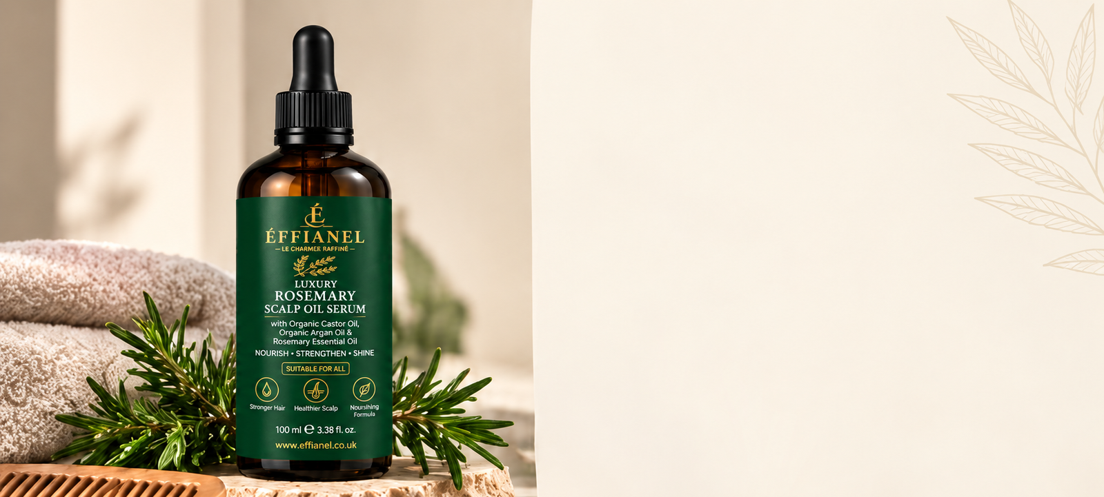 Effianel rosemary scalp oil serum with rosemary and a wooden comb