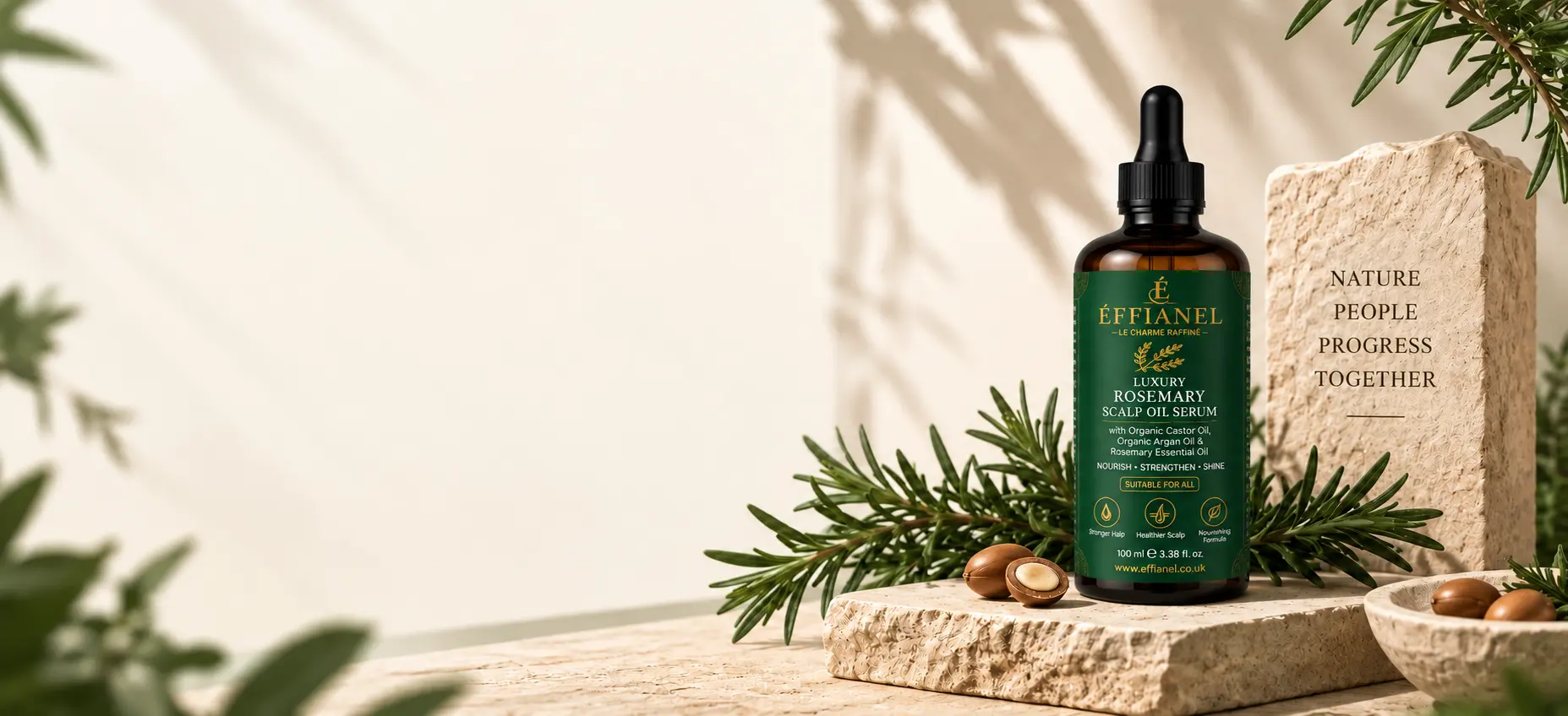 Éffianel rosemary scalp oil serum on stone with rosemary and argan